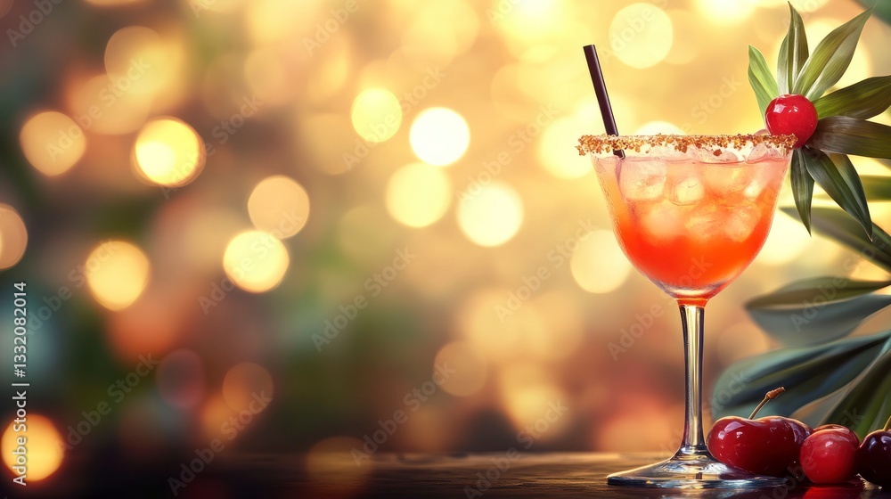 Poster refreshing cherry cocktail with ice and garnish against bokeh background