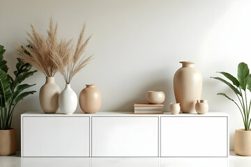 Elegant Minimalist Interior Design Featuring Decorative Vases and Pampas Grass in a Modern Living Space