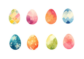 Set of 8 Easter eggs illustration. Design element watercolor illustration. Patterns. Transparent background. Colors yellow, red, pink, orange, blue, green. Decoration illustration egg in spring, png
