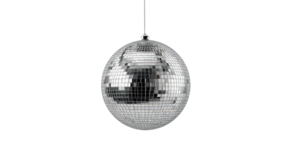 Shiny Disco Ball Hanging Still with Reflective Square Tiles on White background