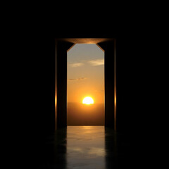 breathtaking sunset glows through a window in darkness, symbolizing hope, transition, and a gateway to new beginnings and possibilities