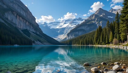 A crystal-clear alpine lake surrounded by towering mountains and evergreen trees.