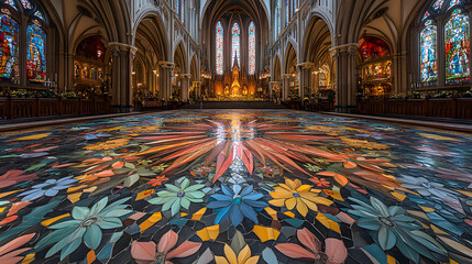 Obraz premium Cathedral's Floral Mosaic:A majestic cathedral interior showcases an intricate floral mosaic floor, with stained glass windows illuminating the sacred space and enhancing the ambiance.