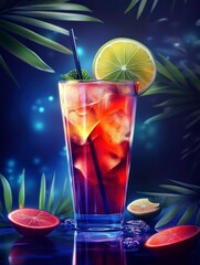 Refreshing Cocktail Drink with Lime, Ice, and Dark Background
