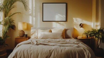 A blank frame hanging on the wall in a modern bedroom, for a mockup.

