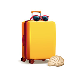 A vibrant yellow suitcase, adorned with red sunglasses and a seashell, exudes a playful and summery vibe. The combination of elements suggests travel, relaxation, and fun at the beach.