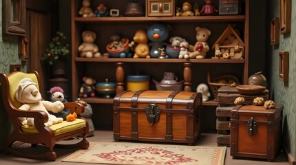 A Whimsical Toy Room: A Treasure Trove of Dolls and Dolls and Trunks Awaiting Playtime's End