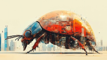 A massive futuristic cybernetic beetle, integrated with a cityscape, standing against a modern skyline. Generated AI.
