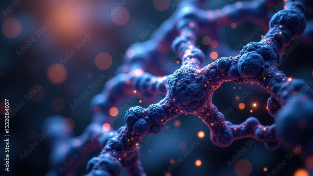 Poster stunning 3d rendering of a dna helix with glowing, ornate molecular structures set against a cosmic 