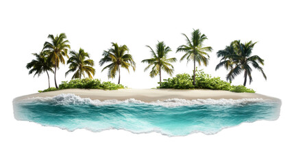 Fototapeta premium Tropical island with palm trees surrounded by crystal clear water on transparent background