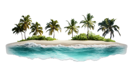Tropical island with palm trees surrounded by crystal clear water on transparent background