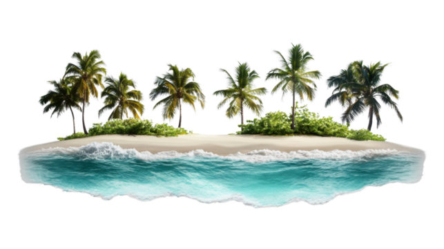 Tropical island with palm trees surrounded by crystal clear water on transparent background