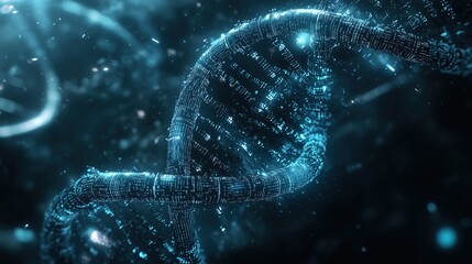 A futuristic metallic DNA strand floating in space, surrounded by glowing particles and debris. Generated AI
