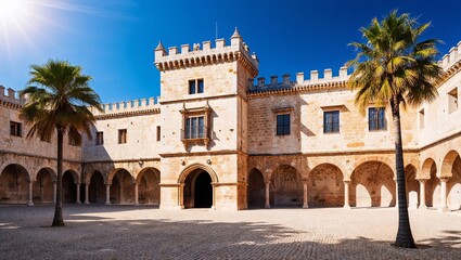 Obraz premium A beautiful historic courtyard featuring a castle and palm trees.