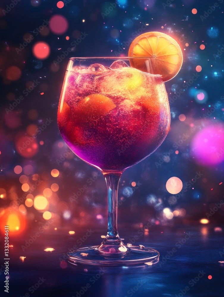 Poster enjoying a refreshing dark cocktail with orange slice against bokeh background