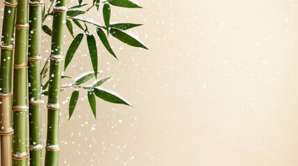 Fototapeta premium Bamboo Forest Light Snow Winter Serenity - Tranquil winter scene, bamboo stalks dusted with light snow, symbolizing peace, resilience, nature's beauty, purity, and renewal