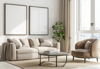 Fototapeta premium Modern living room interior with a beige sofa. armchair. coffee table. and two blank frames