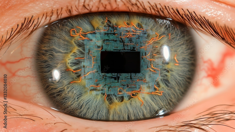 Aufkleber extreme close-up of a human eye with a futuristic circuit pattern embedded in the iris. concept of b