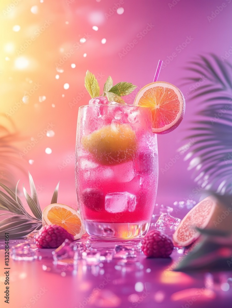 Poster refreshing raspberry cocktail with orange slice and mint garnish