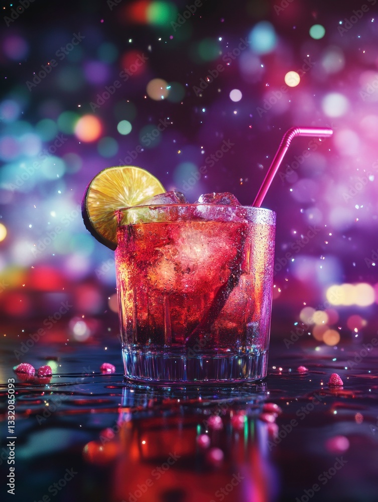 Poster refreshing red cocktail with lime and ice cubes on party background