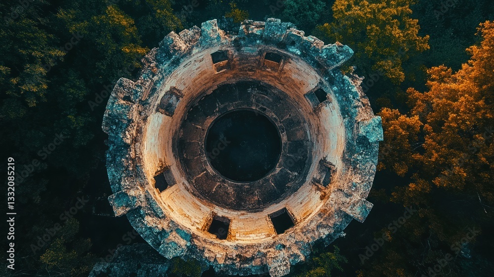 Poster overhead view captures circular tower structure surrounded by trees