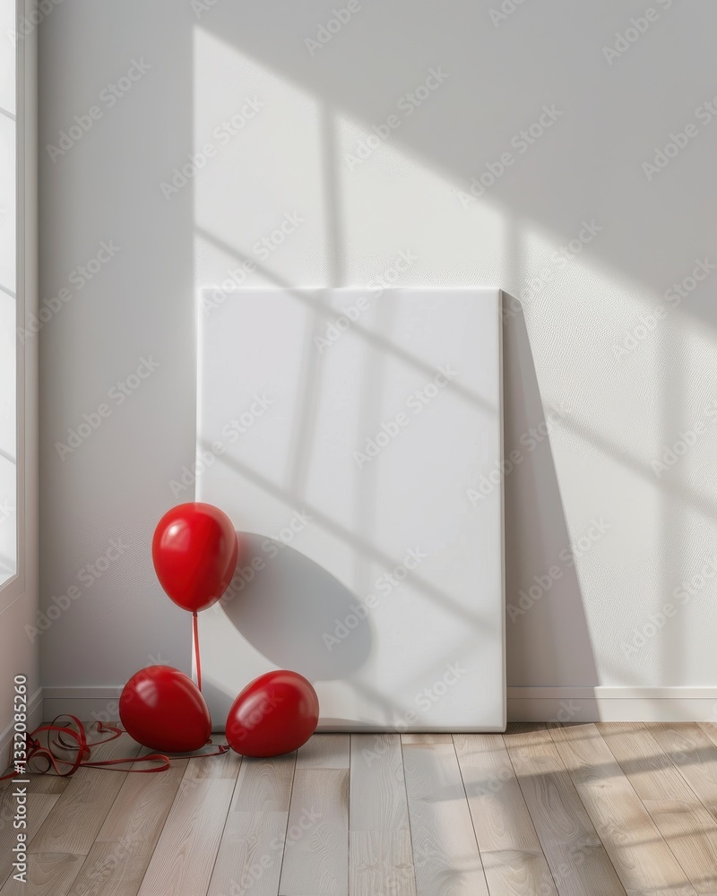Poster a blank white canvas leaning against a white wall. with three red balloons on the floor in front of 