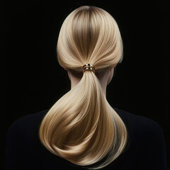 Naklejka premium Blond woman with long straight hair in ponytail showing golden hair tie