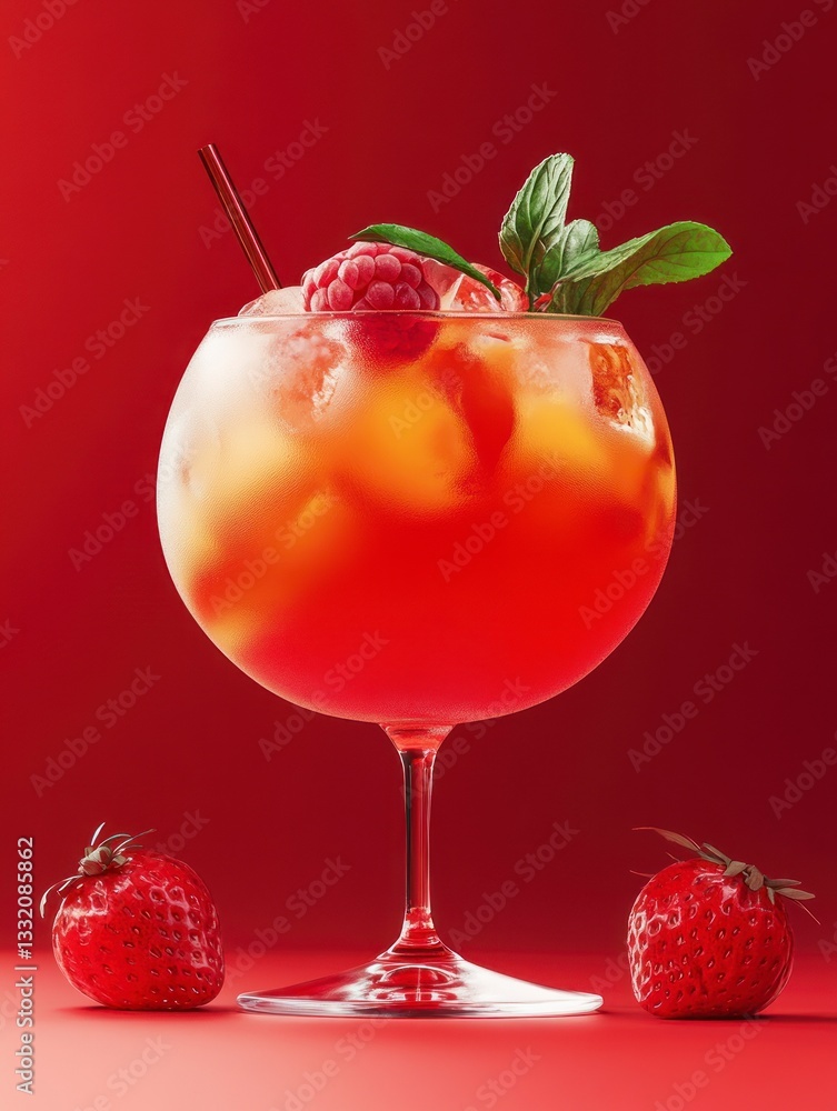 Poster refreshing summer cocktail with strawberry and raspberry on red background