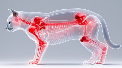 Visualization of a cat's anatomy highlighting skeletal and internal structures displayed in a semi-transparent illustration