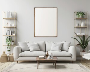 Naklejka premium Minimalist living room with a white sofa. a wooden coffee table. and a large blank frame above it Two gold shelves stand on each side. with plants. books. and decorative items