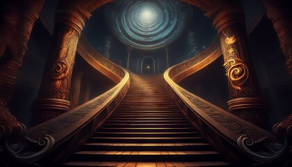 A massive spiraling staircase descends into a dark abyss, with ancient carved symbols on stone walls. Mystical, eerie, dramatic, fantasy scene, mysterious, ominous atmosphere, haunting and immersive.