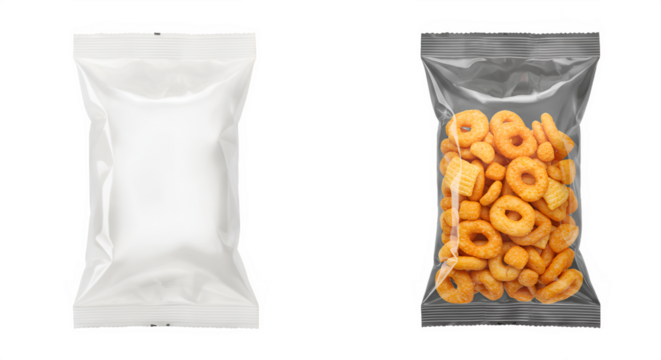Two packaged snacks: one is a plain white bag, and the other contains circular, golden-colored cereal pieces.