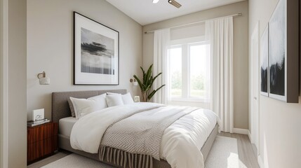 Fototapeta premium A modern bedroom design with a painting hanging on the wall behind.