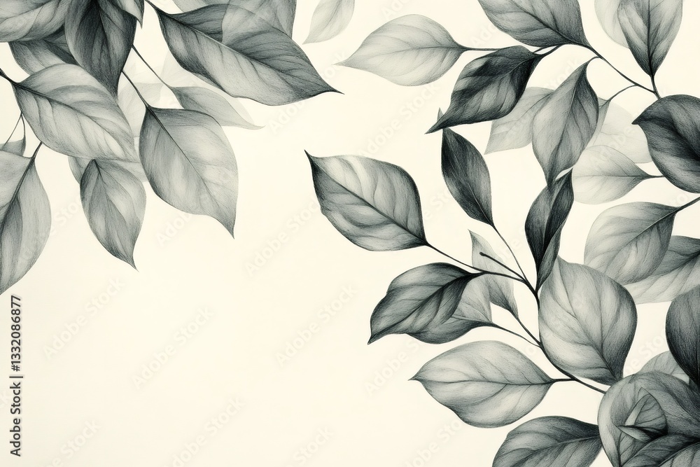 Poster Pencil drawing of leaves creating a natural frame on off white background