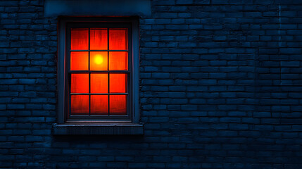 Fototapeta premium Window of Mystery: A solitary window glows with a warm, inviting light against a dark brick wall, hinting at a hidden story or the promise of shelter and warmth.