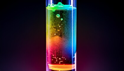 Test tube with neon-colored liquids mixing slowly, glowing brightly. Vibrant, dynamic chemical reaction, abstract science, laboratory experiment, colorful fluids, luminous, futuristic