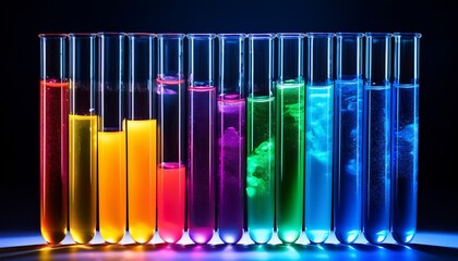 Fototapeta premium Test tube with neon-colored liquids mixing slowly, glowing brightly. Vibrant, dynamic chemical reaction, abstract science, laboratory experiment, colorful fluids, luminous, futuristic