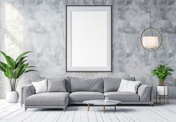 Modern living room interior with a grey sectional sofa. a coffee table. a plant. and a blank frame on the wall