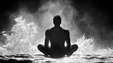 Obraz premium Silhouette in Meditation: A solitary figure in a meditative pose, silhouetted against a powerful wave, creating a sense of serenity and inner strength. 