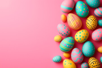 Fototapeta premium Colorful collection of decorative Easter eggs on a vibrant pink background for spring celebration