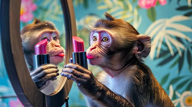 A curious monkey interacts with a tube of lipstick while admiring its reflection in a vibrant, floral backdrop