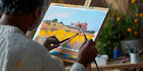 Person Painting Landscape with Yellow Wildflowers
