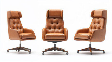 Three comfortable brown leather office chairs sitting on white background