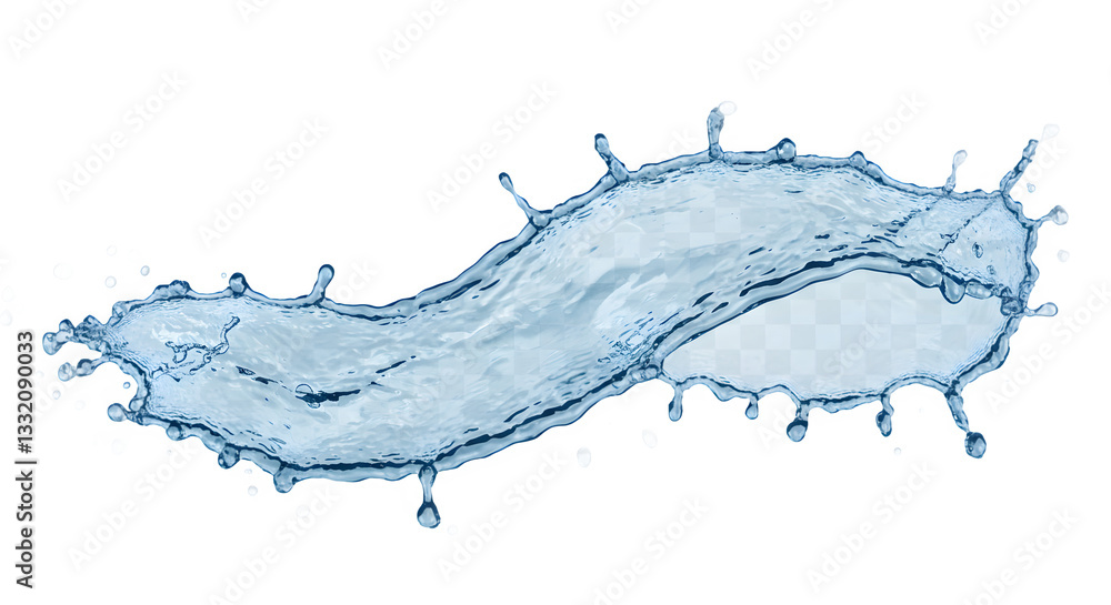 Poster a fluid splash of water shaped like a wave, featuring dynamic droplets and a shimmering surface.