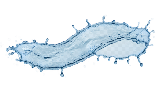 A fluid splash of water shaped like a wave, featuring dynamic droplets and a shimmering surface.