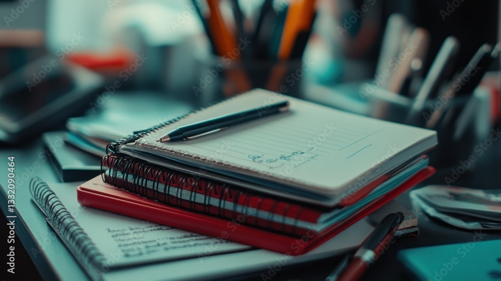 Poster a desk displaying multiple spiral notebooks and writing instruments