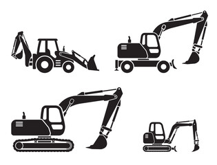 simple excavator digger backhoe loader construction vehicle silhouette simplified side view vector set on transparent background