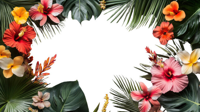 Tropical flowers and palm leaves creating a vibrant border on transparent background