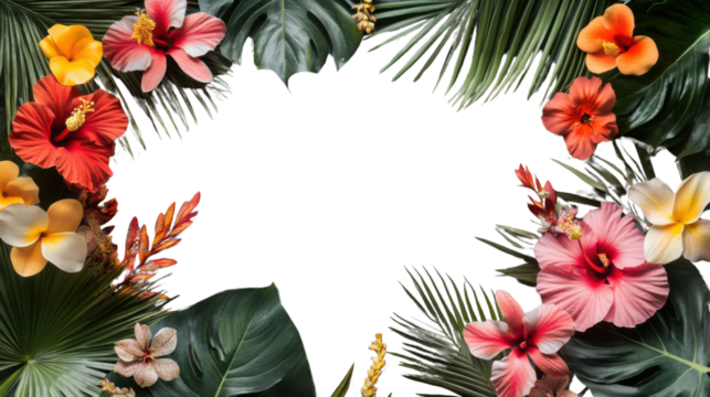 Tropical flowers and palm leaves creating a vibrant border on transparent background