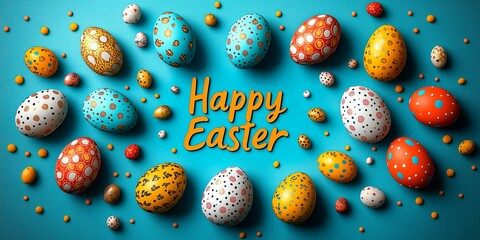 Colorful Easter eggs arranged for celebration of the holiday with traditional decorations